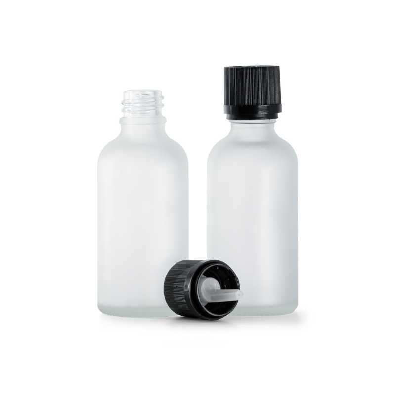 Flacon en verre givré transparent, bouchon de sécurité noir et compte-gouttes, 50 ml