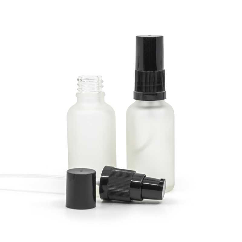 Flacon en verre givré transparent, pompe à lotion noire avec bouchon noir, 30 ml
