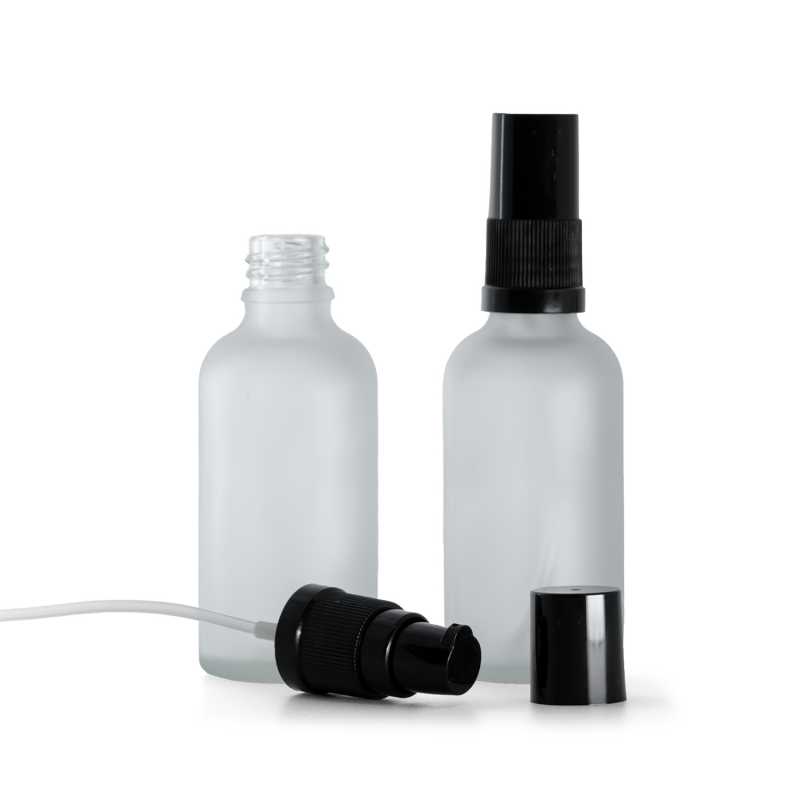 Flacon en verre givré transparent, pompe à lotion noire avec bouchon noir, 50 ml