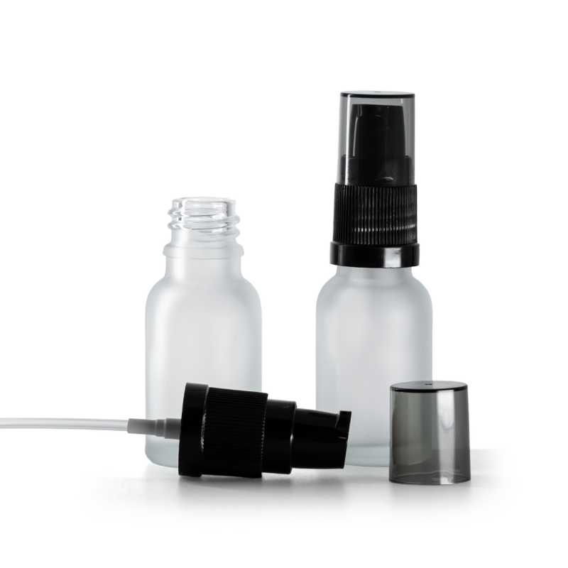 Flacon en verre clair dépoli avec pompe lotion et coiffe fumée, 15 ml