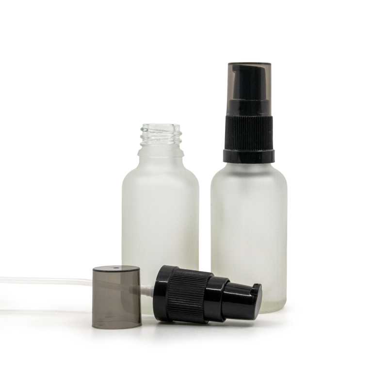 Flacon en verre transparent dépoli, pompe crème avec surcapuchon fumé, 30 ml