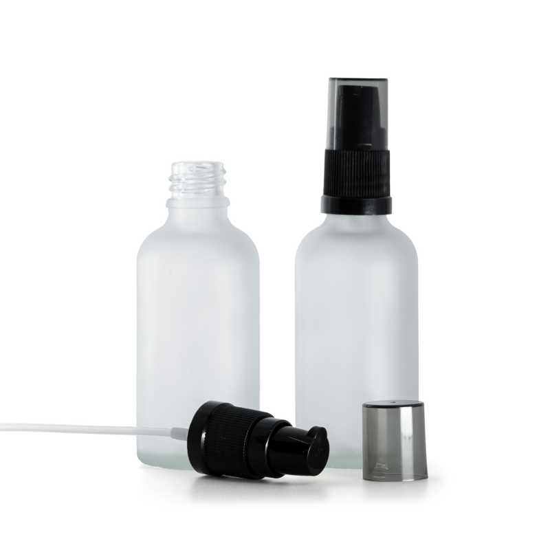 Flacon en verre givré transparent, pompe à lotion noire avec bouchon fumé, 50 ml
