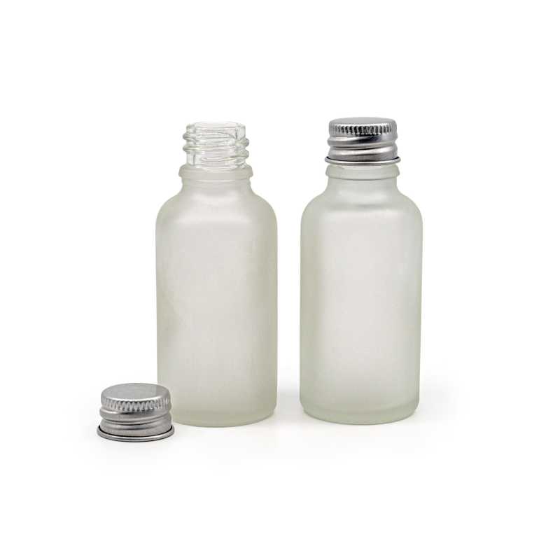 Bouteille en verre givré transparent, bouchon en aluminium argenté, 30 ml