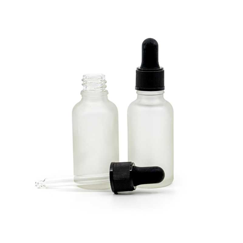 Flacon en verre givré transparent, compte-gouttes noir mat, 30 ml