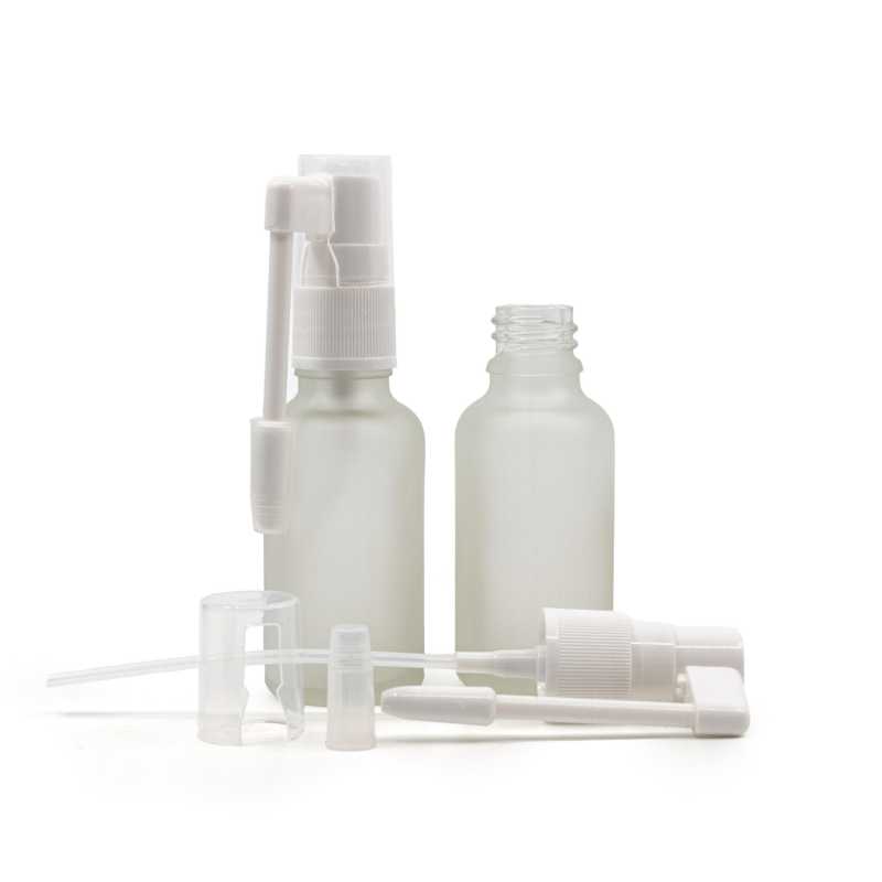 Flacon en verre givré transparent, spray oral blanc, 30 ml