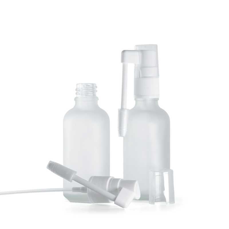 Flacon en verre givré transparent, spray oral blanc, 50 ml