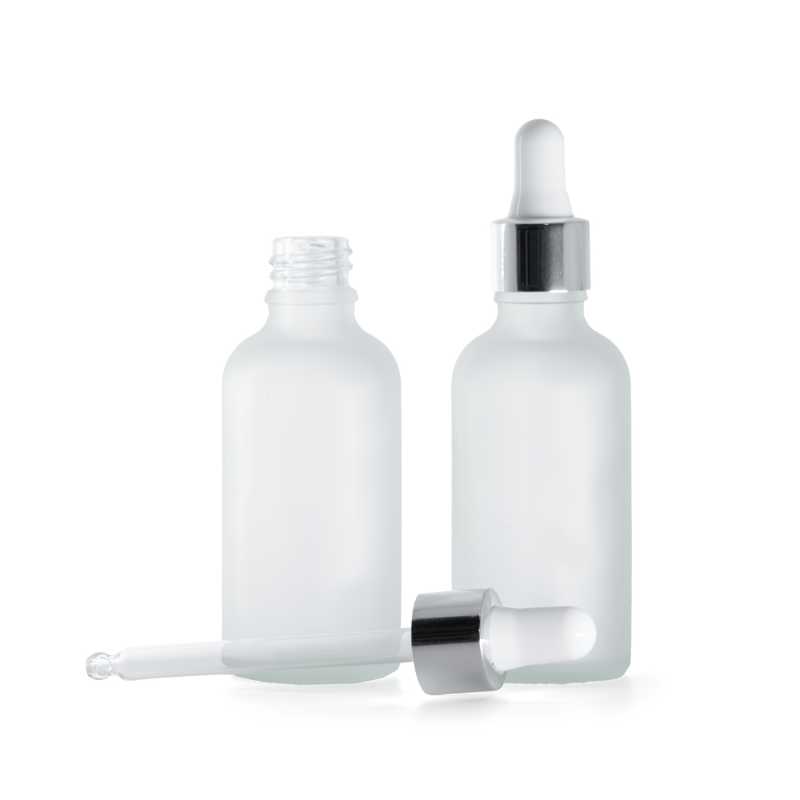 Flacon en verre givré transparent, compte-gouttes blanc argenté brillant, 50 ml