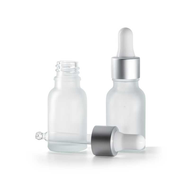 Flacon en verre dépoli transparent, compte-gouttes argent mat, 15 ml