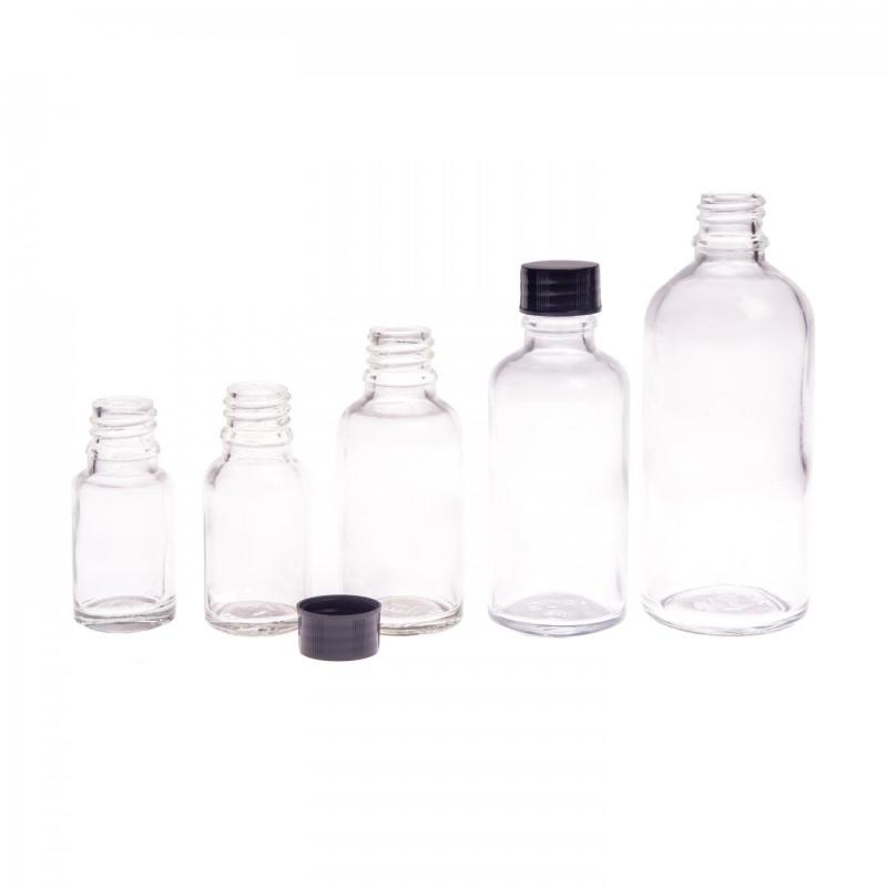 Bouteille en verre transparent, bouchon noir, 50 ml