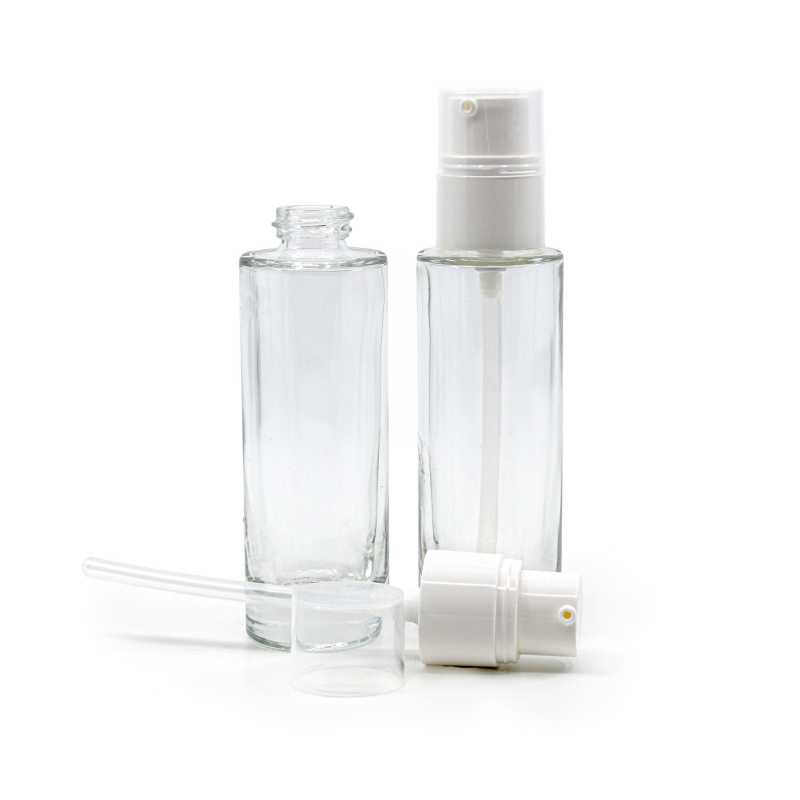 Flacon en verre transparent, pompe blanche, 18/400, 30 ml