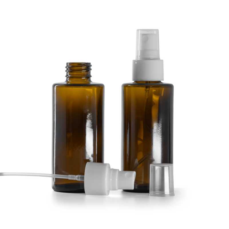 Flacon en verre ambré, col droit, 24 mm, vaporisateur brume fine blanc, 100 ml