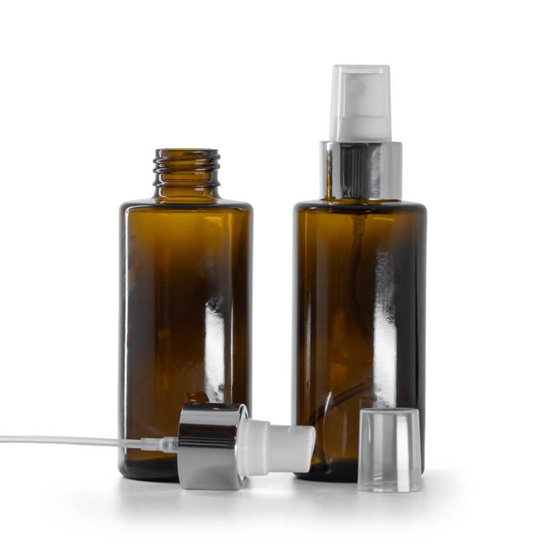 Flacon en verre ambré, col droit, 24 mm, pompe spray blanche avec bague argentée brillante, 100 ml