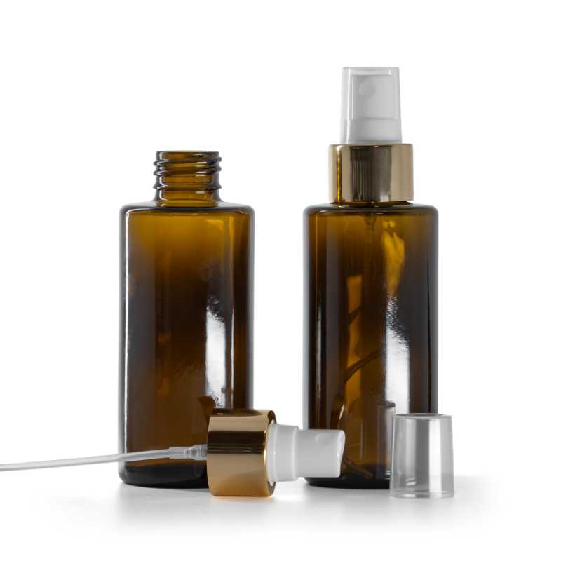 Flacon en verre ambré, col droit, 24 mm, pompe spray blanche avec bague dorée brillante, 100 ml