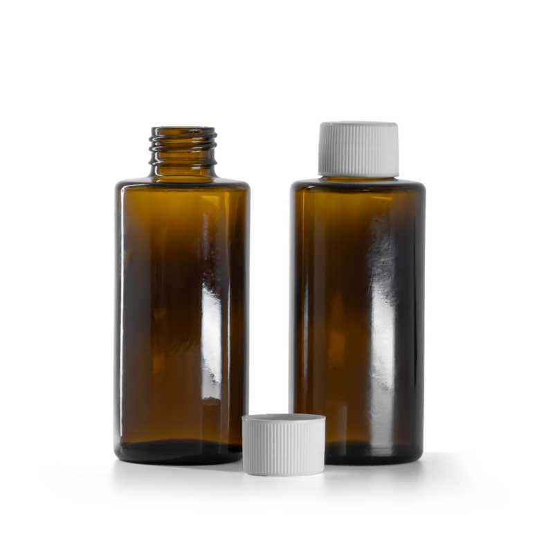 Flacon en verre ambré, col droit, 24 mm, bouchon blanc, 100 ml