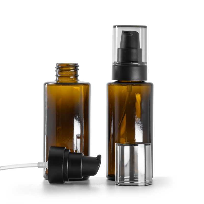 Flacon en verre ambré, col droit, 24 mm, pompe noire avec capot fumé, 100 ml