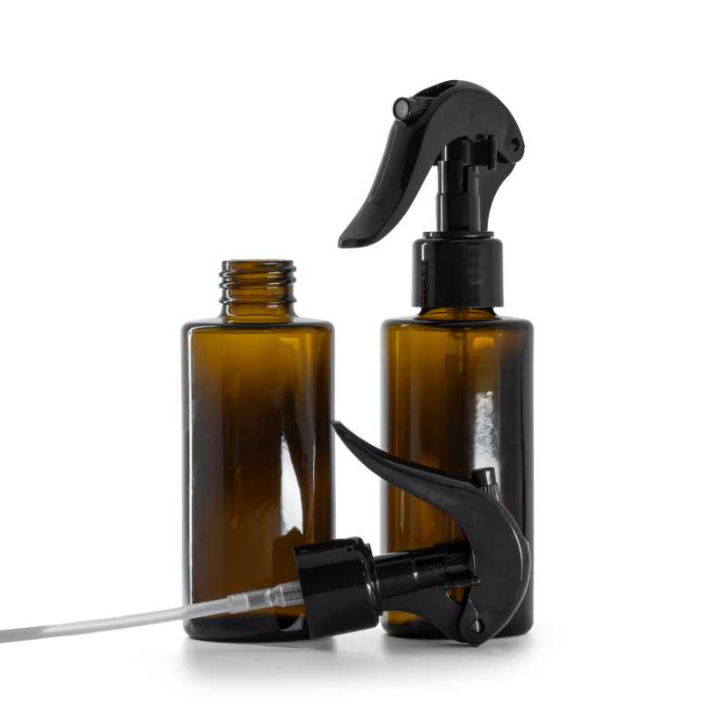 Flacon en verre ambré, col droit, 24 mm, pulvérisateur à gâchette noir, 100 ml