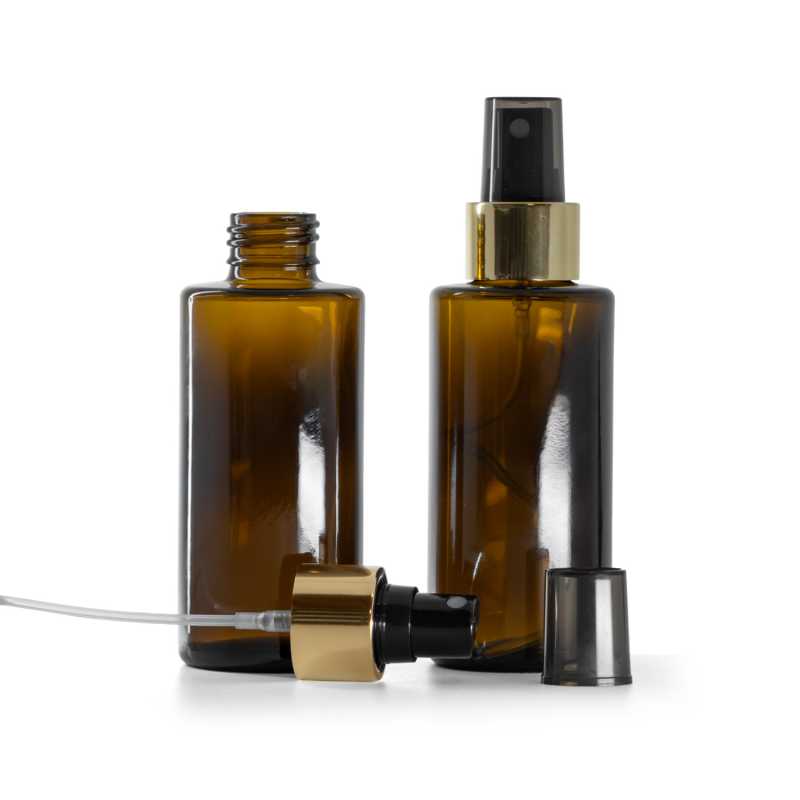 Flacon en verre ambré, col droit, 24 mm, pompe spray noire avec bague dorée brillante, 100 ml