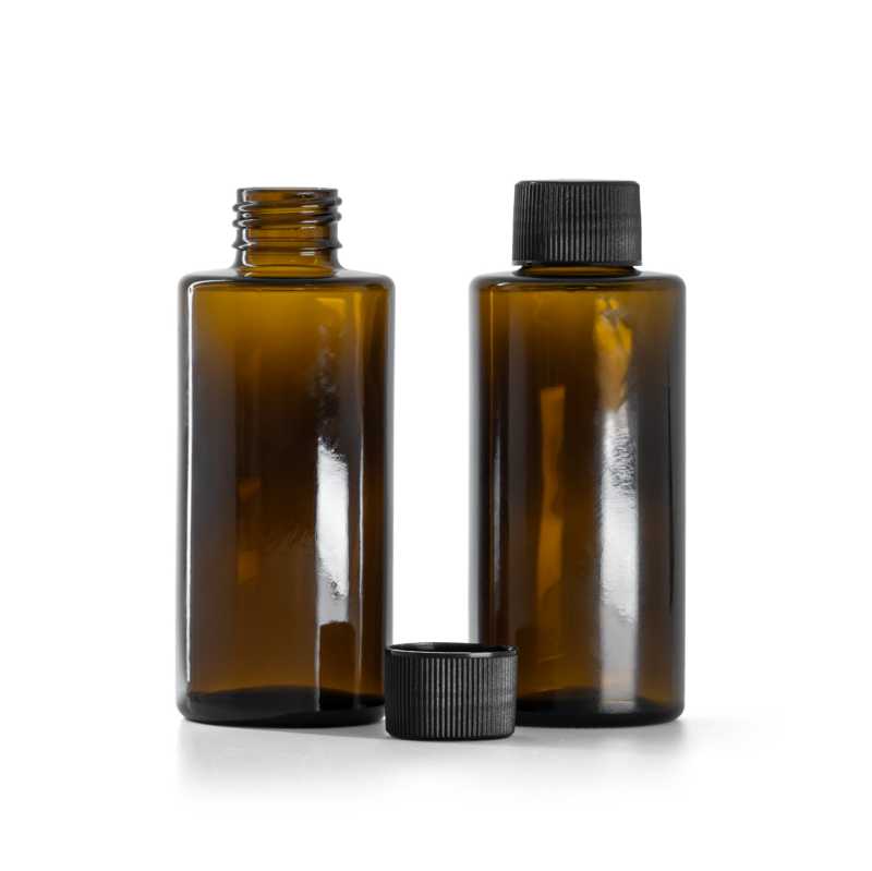 Flacon en verre, col droit, 24 mm, bouchon noir strié, 100 ml