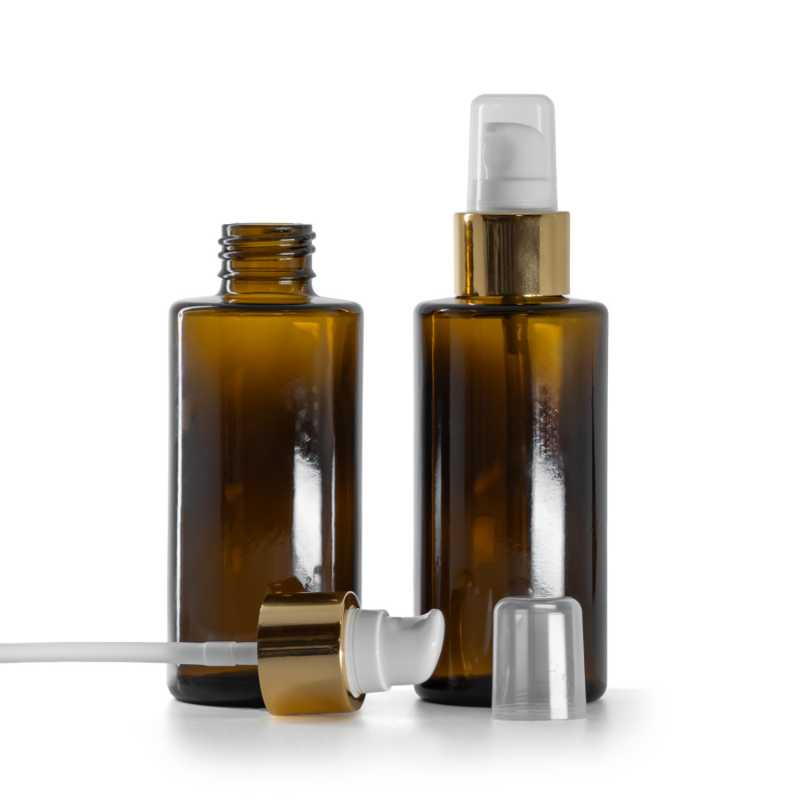 Flacon en verre ambré, col droit, 24 mm, pompe distributrice blanche avec capuchon, doré brillant, 1