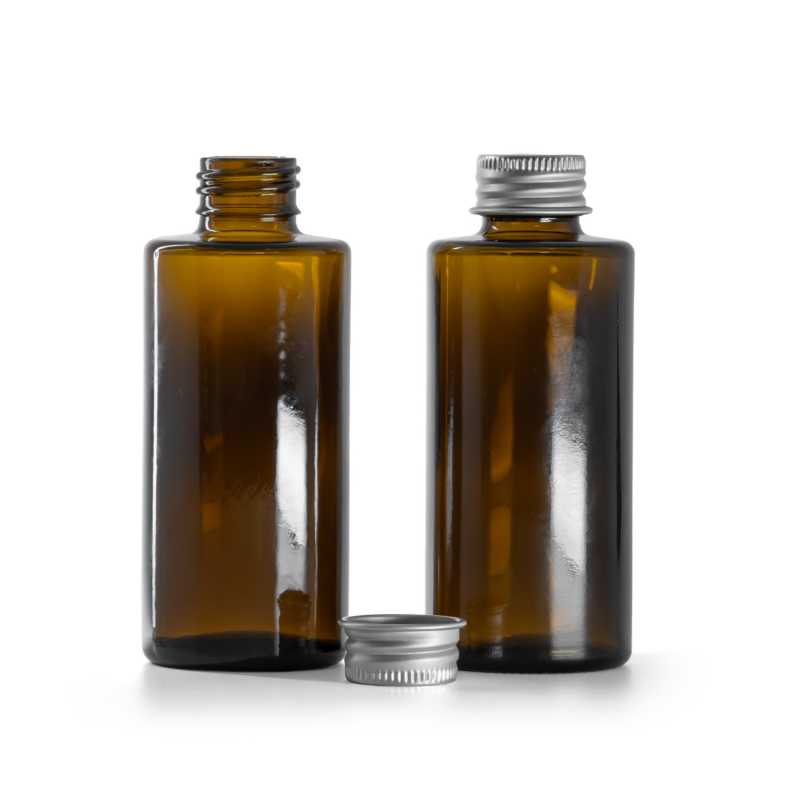 Flacon en verre ambré, col droit, 24 mm, bouchon en aluminium argenté, 100 ml