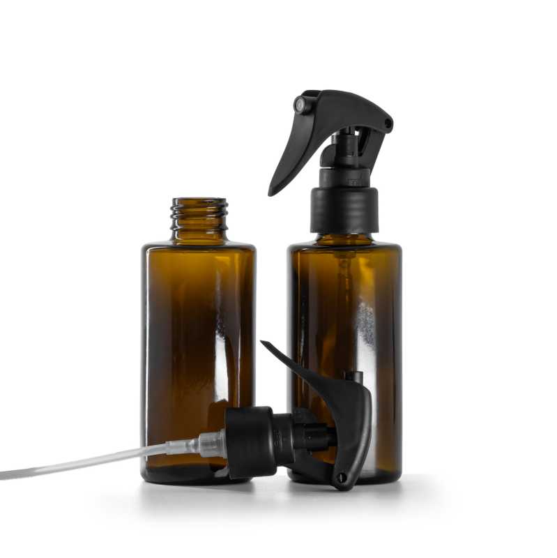 Flacon en verre ambré, col droit, 24 mm, mini pulvérisateur à gâchette, noir mat, bague lisse, 100 m