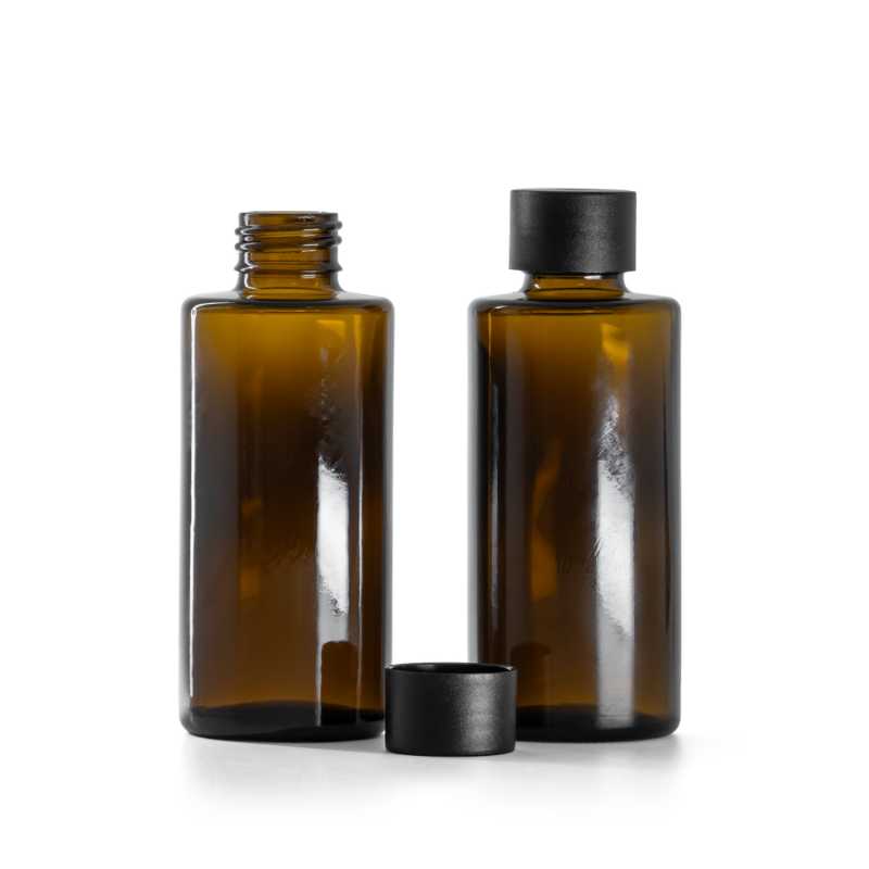Flacon en verre ambré à col droit 24 mm avec bouchon en plastique noir mat 100 ml