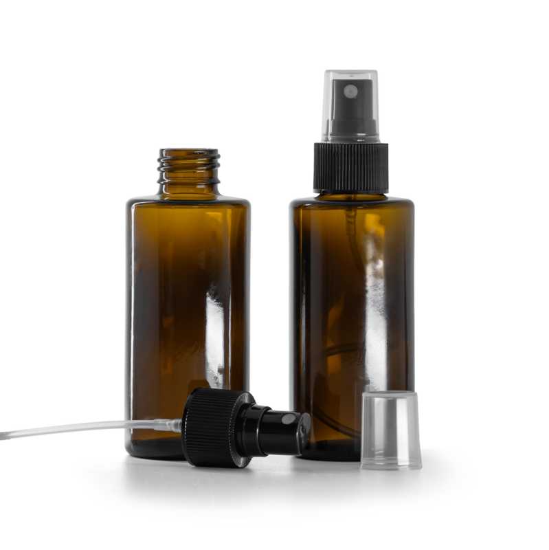 Flacon en verre ambré, bague droite 24 mm, vaporisateur noir, 100 ml