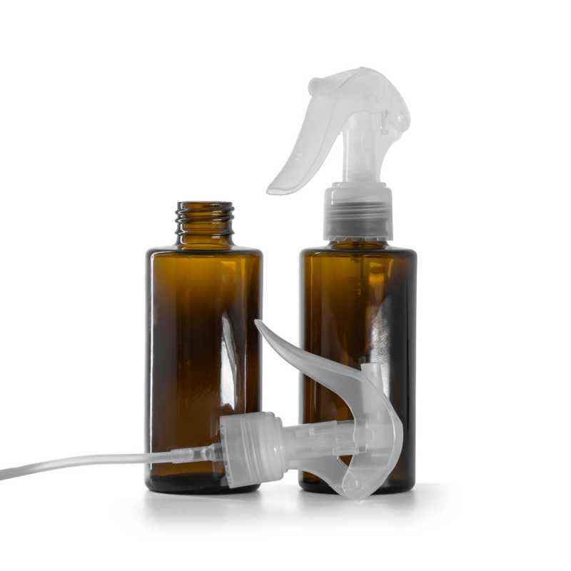 Flacon en verre, col droit, 24 mm, pulvérisateur gâchette mini transparent, 100 ml