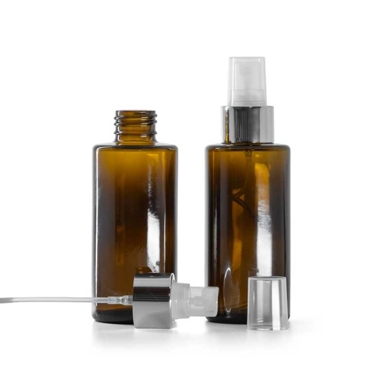 Flacon en verre ambré, col droit, 24 mm, pompe spray transparente avec bague argentée brillante, 100