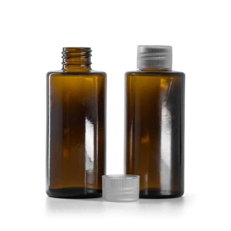 Flacon en verre ambré, col droit, 24 mm, bouchon transparent, 100 ml