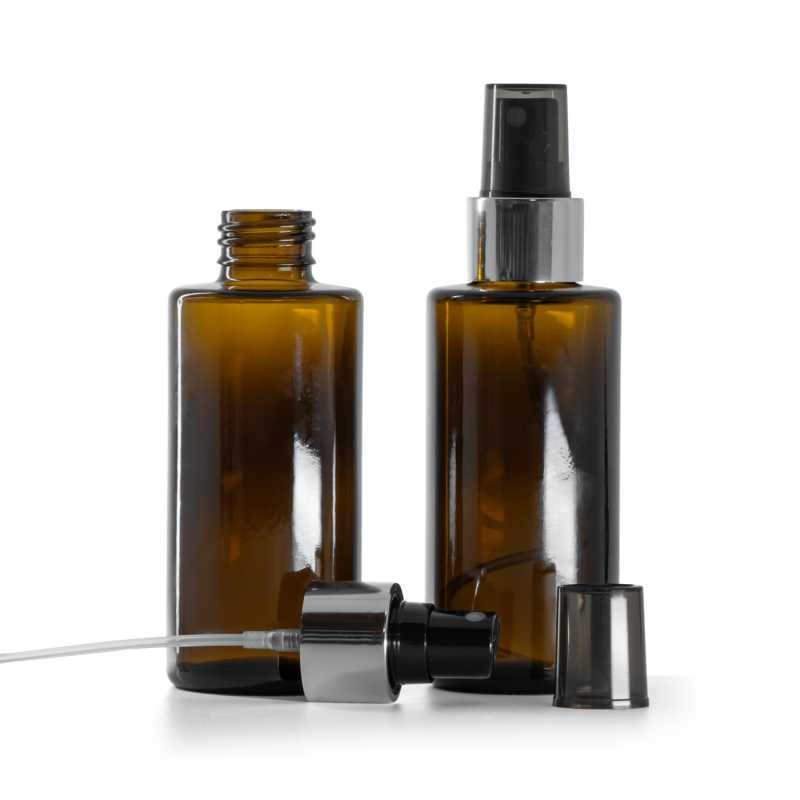 Flacon en verre ambré, col droit, 24 mm, pompe spray noire avec bague argentée brillante, 100 ml