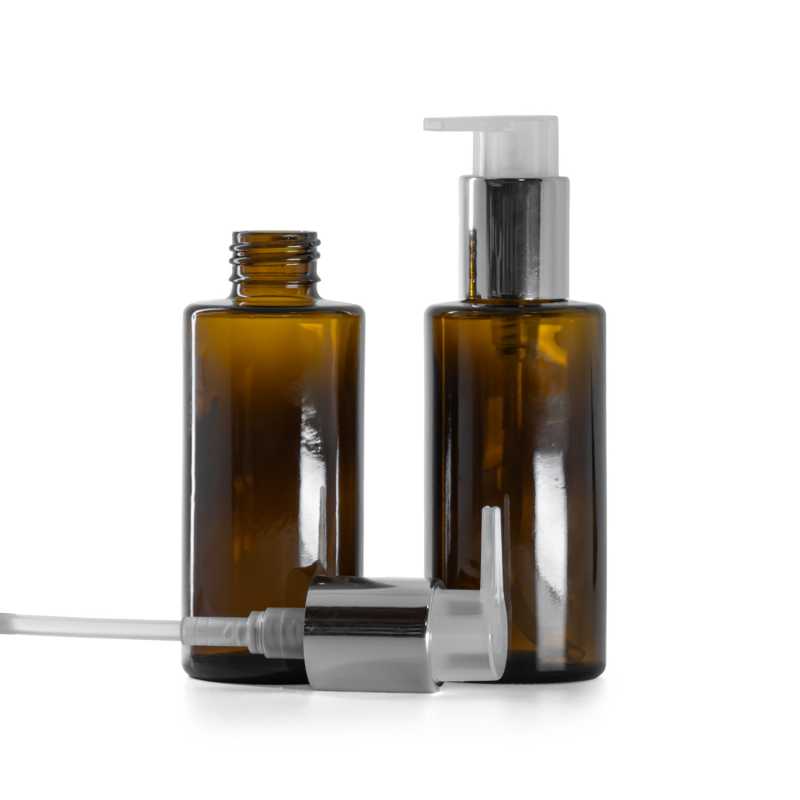 Flacon en verre ambré, col droit, 24 mm, pompe argentée, 100 ml