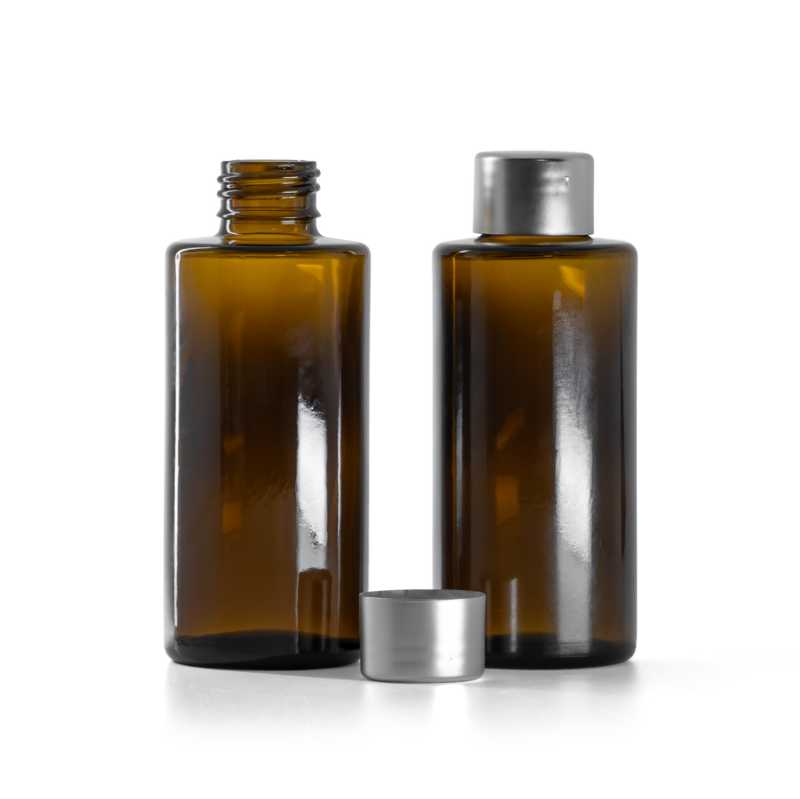 Flacon en verre ambré, col droit, 24 mm, bouchon argenté, 100 ml