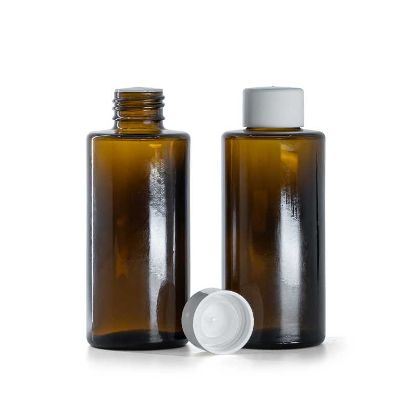 Flacon en verre ambré, bague droite, 24 mm, capsule lisse blanche avec réducteur, 100 ml