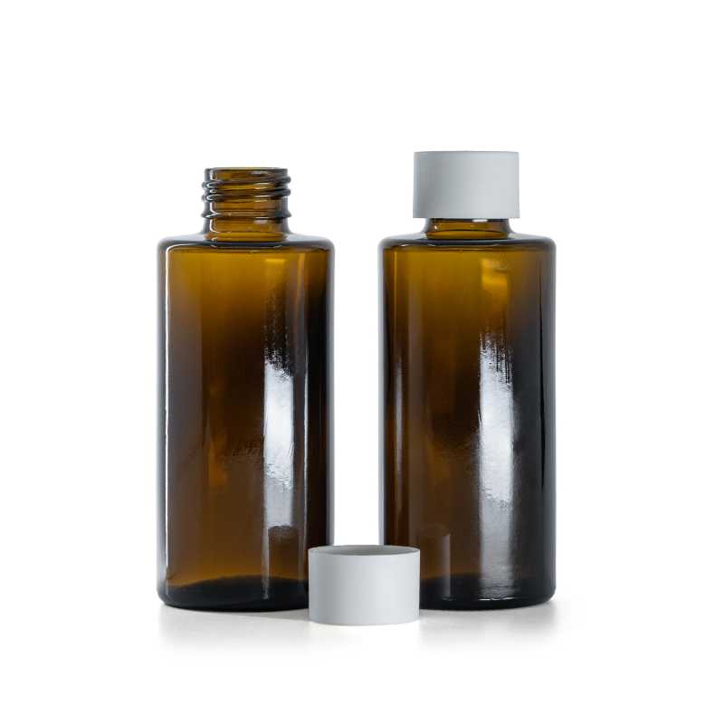 Flacon en verre ambré, col droit, 24 mm, bouchon blanc mat, 100 ml