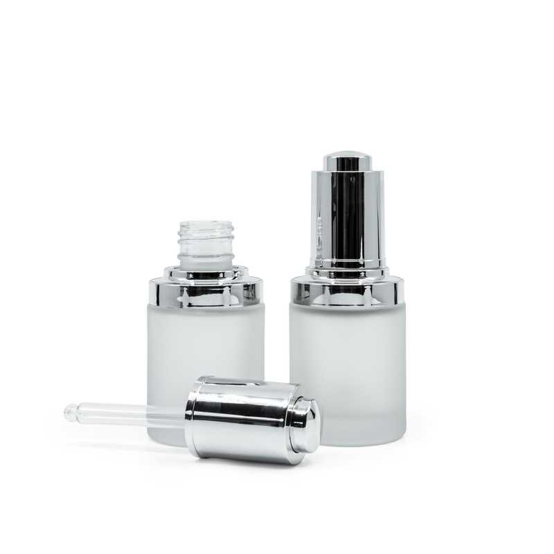 Flacon en verre givré, compte-gouttes argenté brillant, 30 ml
