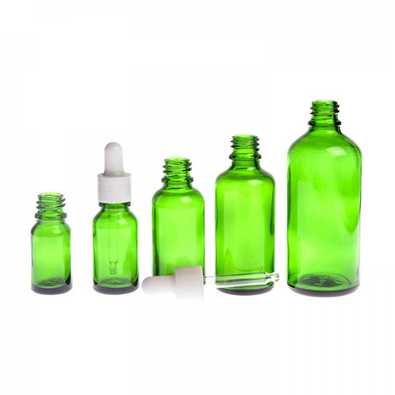 Flacon en verre vert, compte-gouttes blanc brillant, 15 ml
