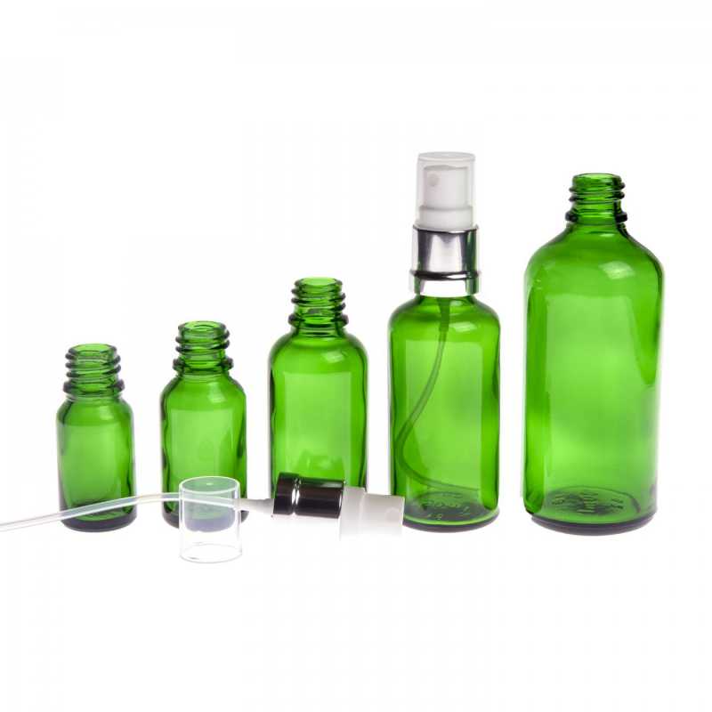 Flacon en verre vert, spray brillant argenté blanc, 15 ml