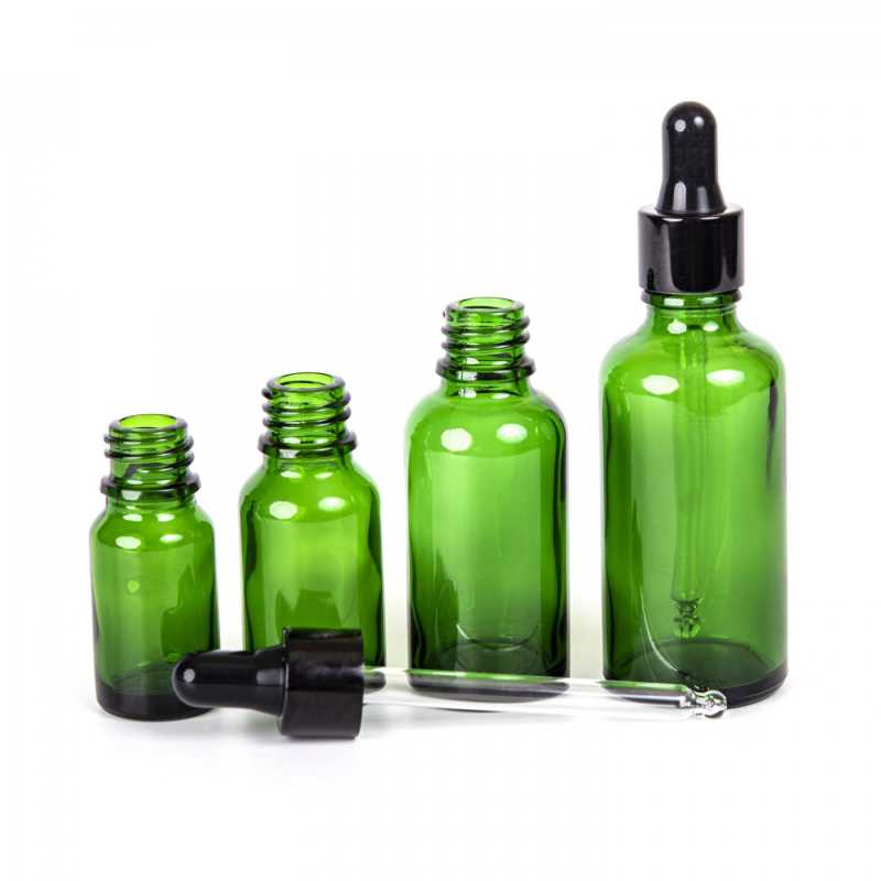 Bouteille en verre vert, compte-gouttes noir brillant, 50 ml