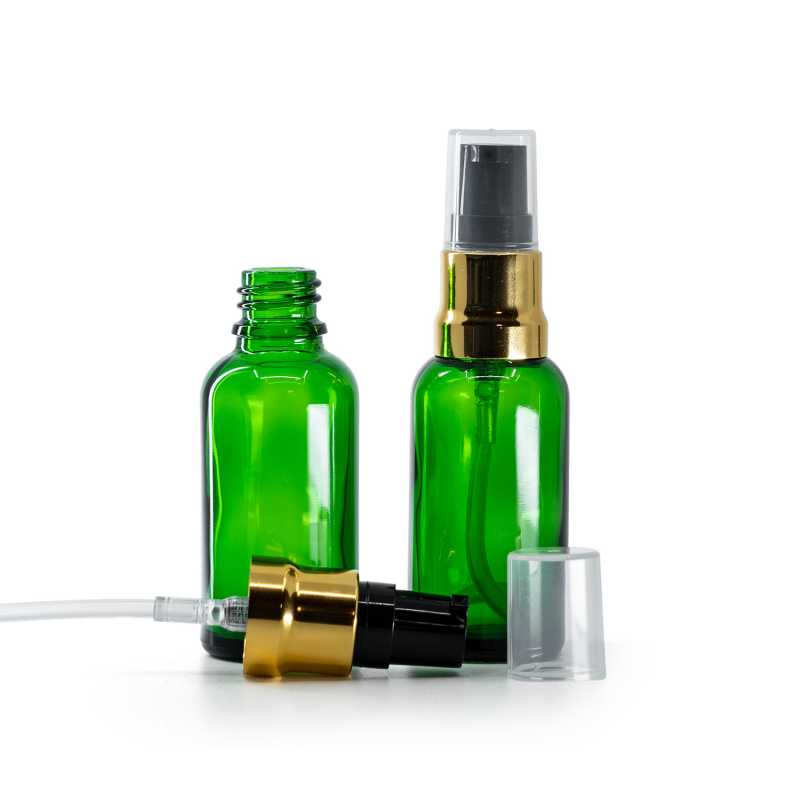 Flacon en verre vert, pompe noire dorée brillante avec bouchon transparent, 30 ml