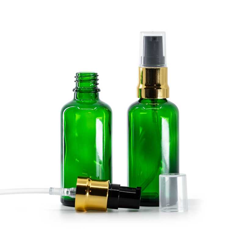 Bouteille en verre vert, pompe noire dorée brillante avec bouchon transparent, 50 ml