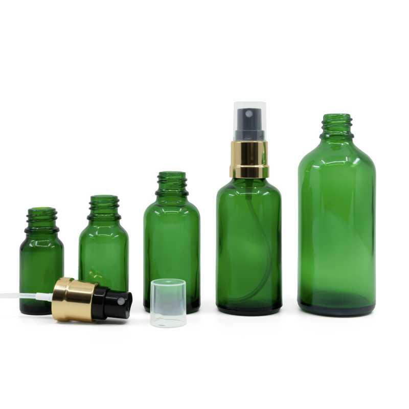 Bouteille en verre vert, spray brillant or noir, 30 ml