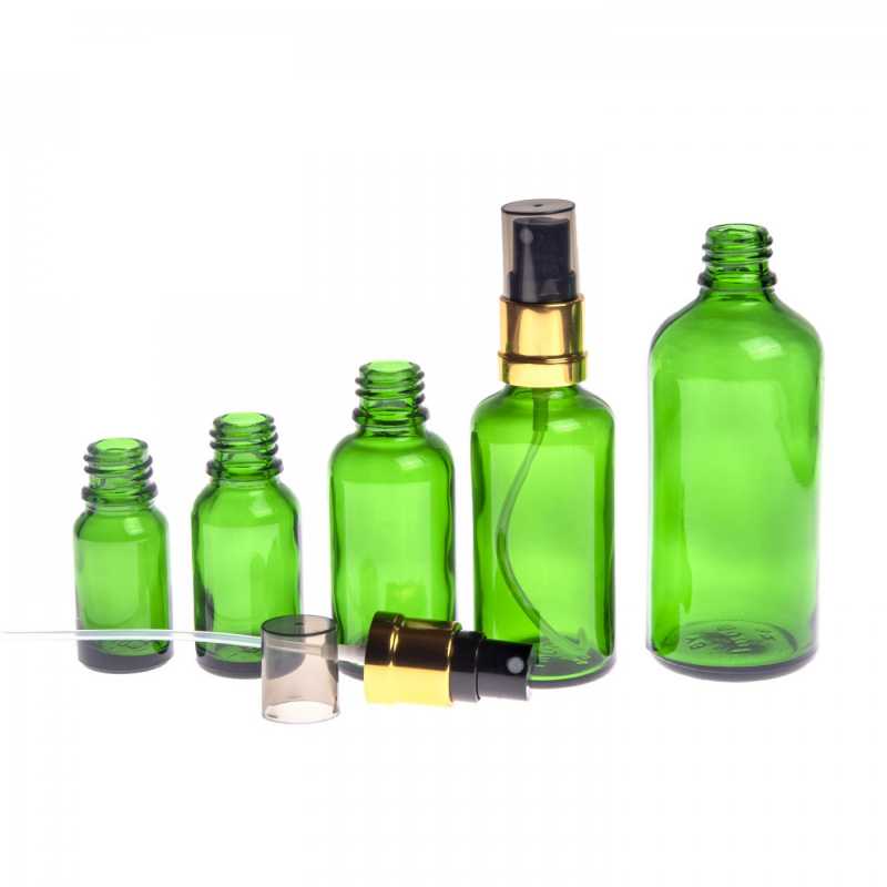 Bouteille en verre vert, spray noir or brillant, surcapuchon fumé, 100 ml