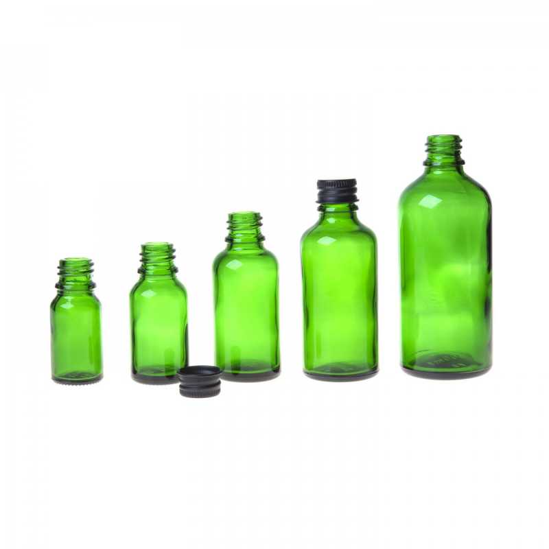 Bouteille en verre vert, bouchon en aluminium noir, 100 ml