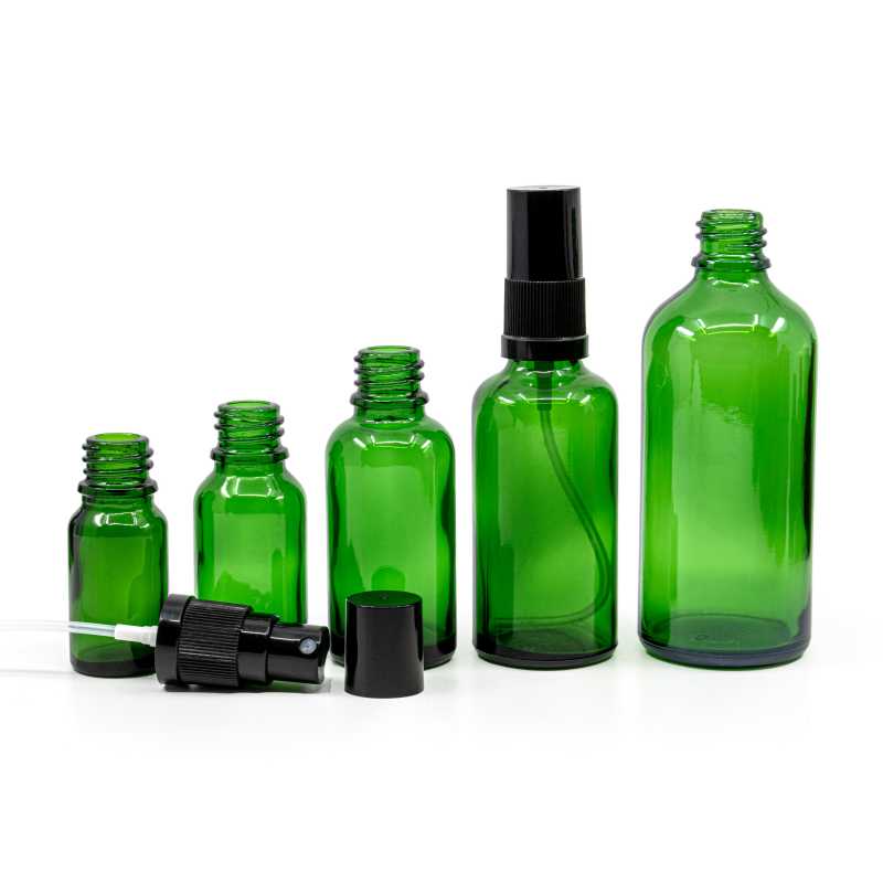 Bouteille en verre vert, vaporisateur noir, bouchon noir, 50 ml