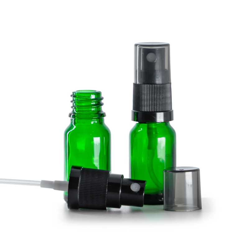 Flacon en verre vert, spray brume fine noir avec surcapuchon fumé, 10 ml