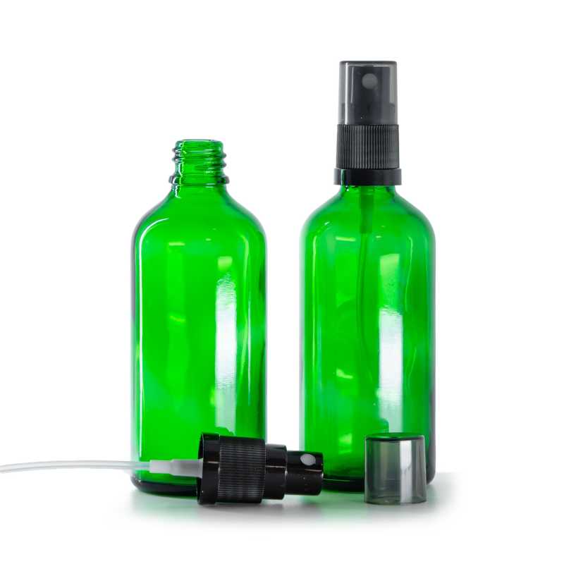 Flacon en verre vert, spray brume fine noir avec surcapuchon fumé, 100 ml