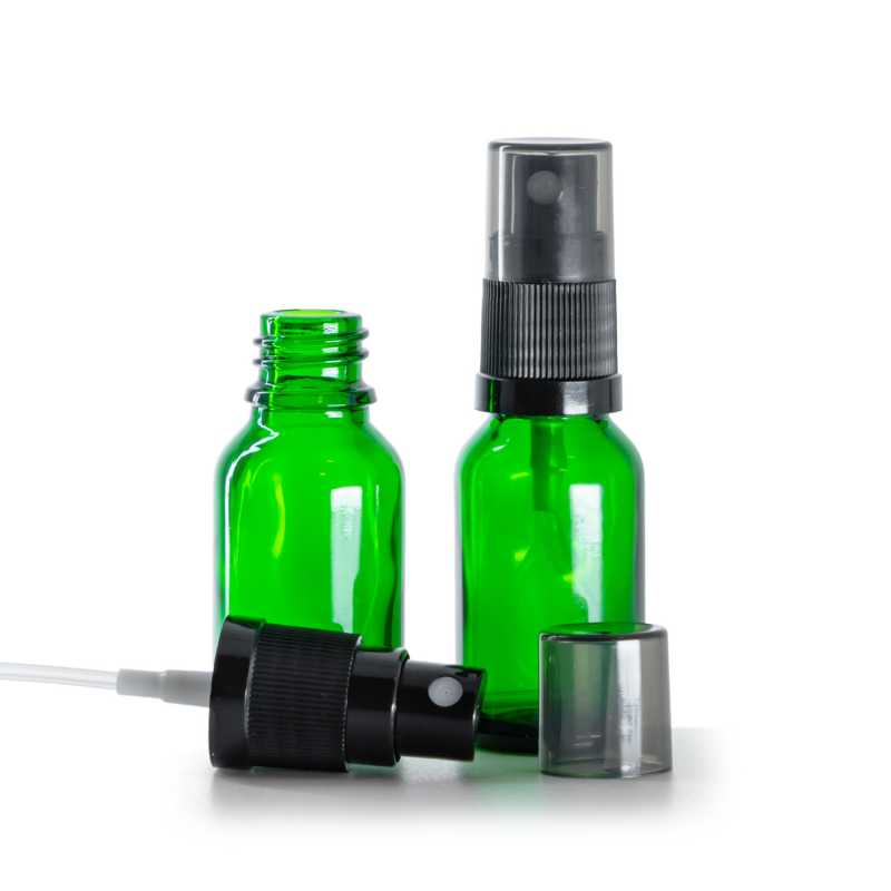 Flacon en verre vert, spray brume fine noir, surcapuchon fumé, 15 ml