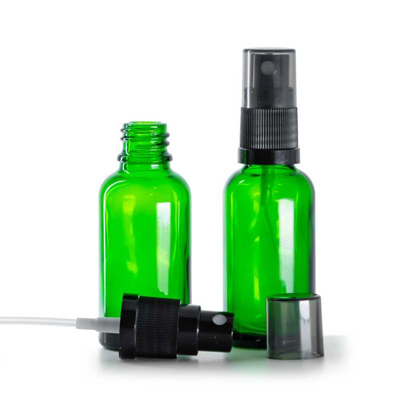Flacon en verre vert, spray brume fine noir avec surcapuchon fumé, 30 ml