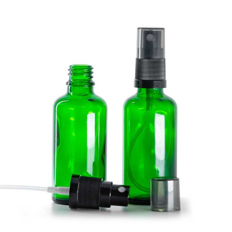 Flacon en verre vert, spray brume fine noir, surcapuchon fumé, 50 ml
